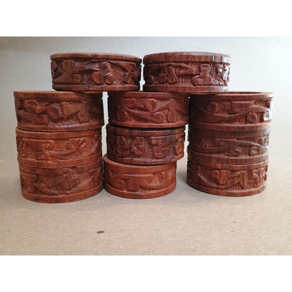 Wood Napkin Rings Set of 11 Mid Century Modern Carved Flowers Rustic Farmhouse